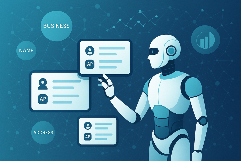 AI humanoid robot connecting with business listing data networks