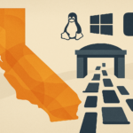 Stylized California map with operating system icons and a checkpoint between devices, representing the Digital Age Assurance Act