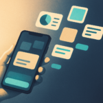 Illustration of a smartphone composing app widgets and UI elements from a text prompt at the bottom of the screen.