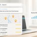 Google AI search box showing an AI Overview answer above a local map with business listings and a rising review-ROI chart