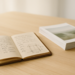 Open handwritten field notebook beside a stack of identical printed pamphlets, illustrating original versus generic content
