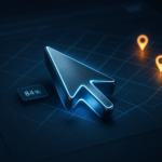 Business address plaque with phone and location-pin icons beside a glowing AI node on a bright wood desk