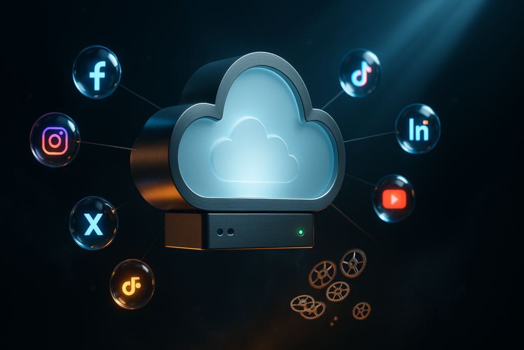 Glowing 3D cloud server connected to floating social media icons including Facebook, Instagram, TikTok, LinkedIn and YouTube on a dark background.