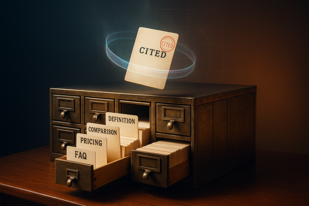 Wooden card catalog cabinet with open drawers labeled FAQ, Pricing, Comparison, and Definition as a glowing CITED index card floats above it.