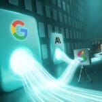 Glowing teal Google answer panel absorbing a stream of search-click light while a distant storefront receives only a faint trickle, illustrating 68 percent of searches ending without a click.