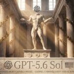 Greek marble temple statue under the OpenAI logo with an American flag, engraved marble band reading GPT-5.6 Sol