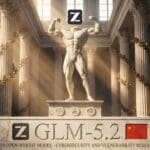 Greek marble temple statue under the Z.ai logo with a Chinese flag, engraved marble band reading GLM-5.2
