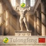 Greek marble temple statue under the Qihoo 360 logo with a Chinese flag, engraved marble band reading Tulongfeng