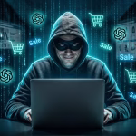 Hooded scammer behind a laptop surrounded by shopping carts, ChatGPT logos and Sale tags, running fake shopping sites