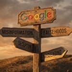 Magnifying glass over an AI Overview printout with a correction stamp, illustrating Google AI Overviews liability