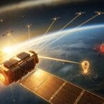 Solar-powered satellite in orbit emitting AI data streams, symbolizing an orbital AI data center concept.