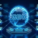 GEO framework 3D render: a glowing globe labeled GEO flanked by eight labeled pedestals