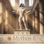 Marble Greco-Roman statue in a sunlit temple beneath the Anthropic logo with a Mythos 5 wordmark, illustrating Anthropic's Mythos 5 model returning under a limited US export license.