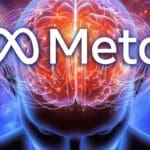 Dark human head with a glowing brain and the white Meta logo and Meta wordmark connected into the brain by thin strands of light, illustrating Meta's Brain2Qwerty v2 non-invasive brain-to-text AI.