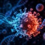 Holographic robot in lab coat using AI to design bacteriophage viruses at a microscope with DNA strands floating nearby.