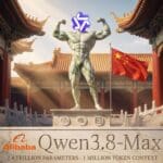 Holographic robot reviewing Qwen3.8-Max benchmark and pricing panels in a bright lab setting