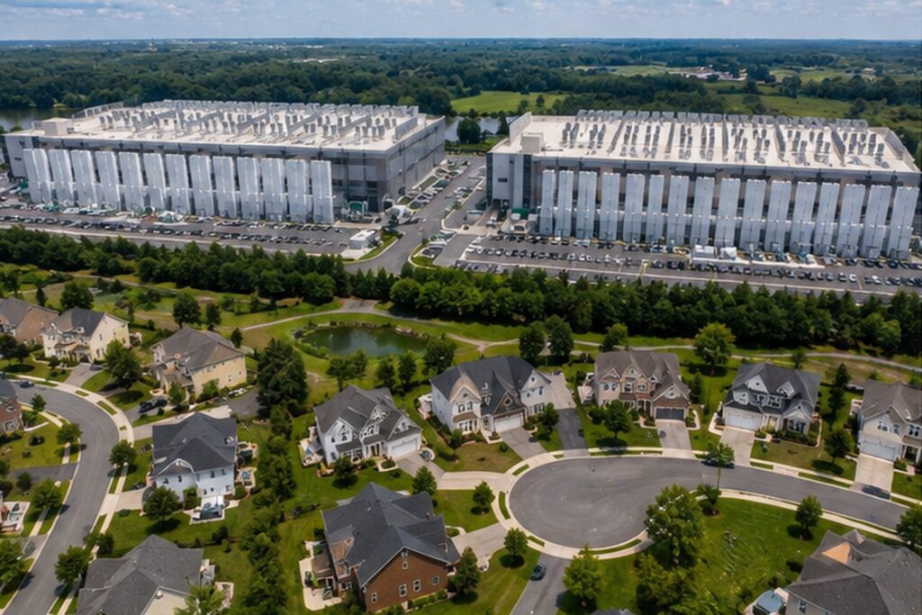 Aerial view of a large data center near a residential area