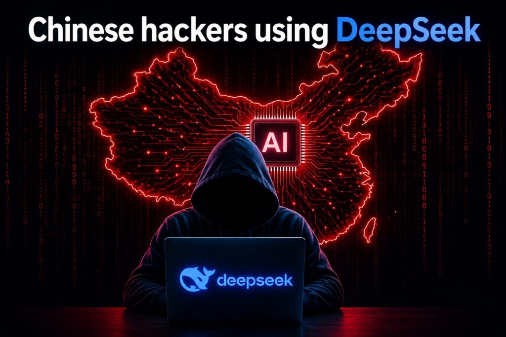 Holographic robot analyzing hacker code on glowing screen