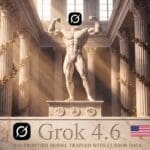 Holographic robot coding at desk with floating benchmark graphs, illustrating Grok 4.6 release