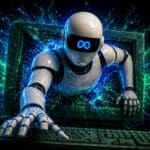 Holographic robot in a SOC analyzing AI cybersecurity test data