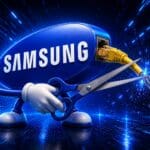 Holographic robot inspecting a smart TV routing outside traffic through a home network, illustrating Samsung removing proxy apps