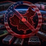 Editorial illustration of a US data centre with Chinese hardware racks marked for removal under a proposed ban