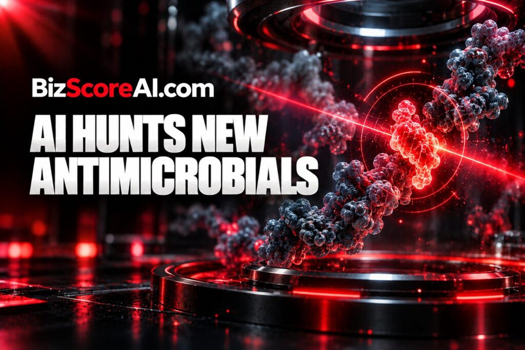 AI antimicrobial discovery visualized as a glowing molecule scanned by a red laser