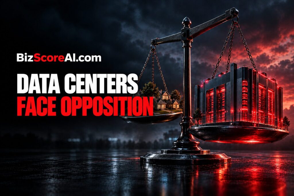 AI data centers weighed against a residential community on a glowing scale