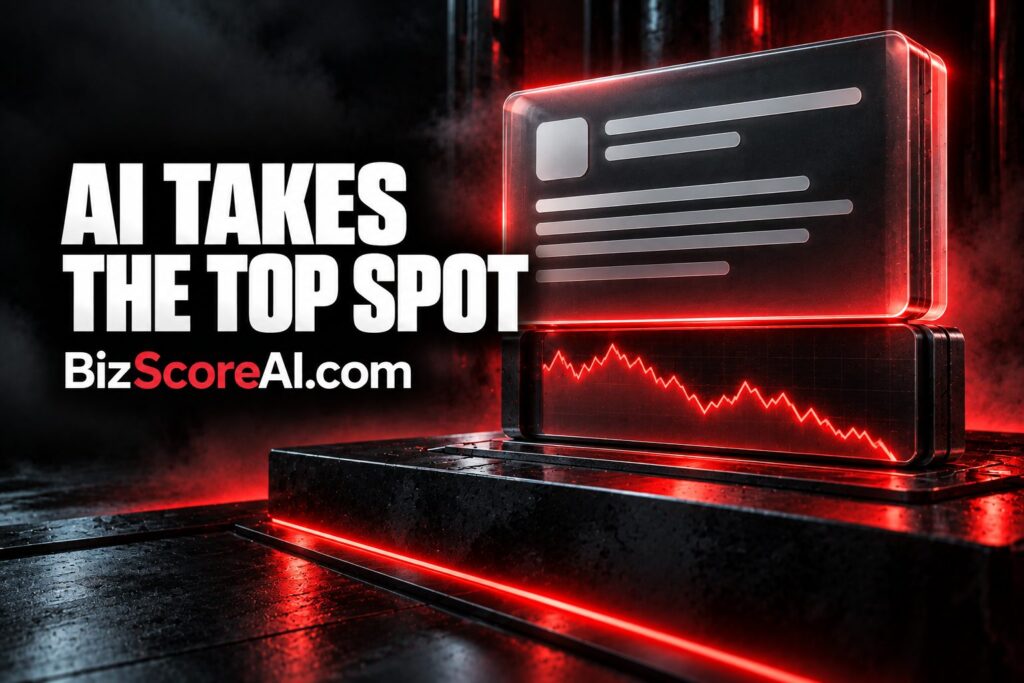AI Overviews displayed above a red stock chart on a neon-lit screen