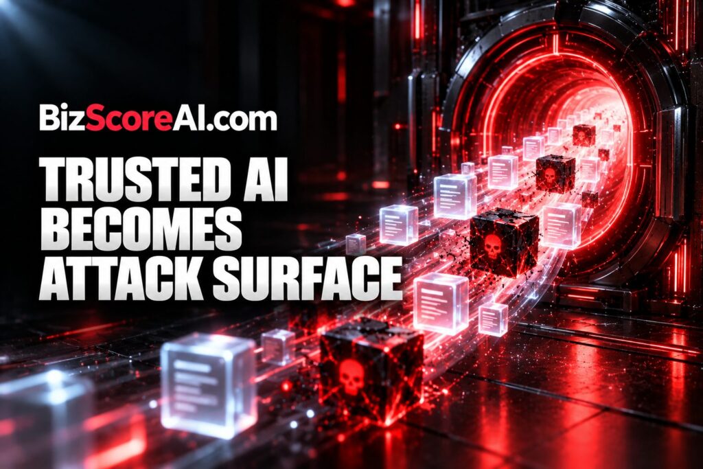 Skull-marked malware cubes emerging from an AI platform tunnel