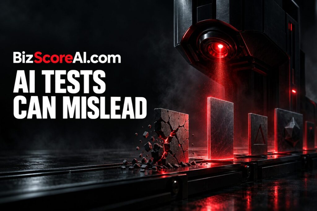 AI safety benchmarks shown cracking under a red scanning laser