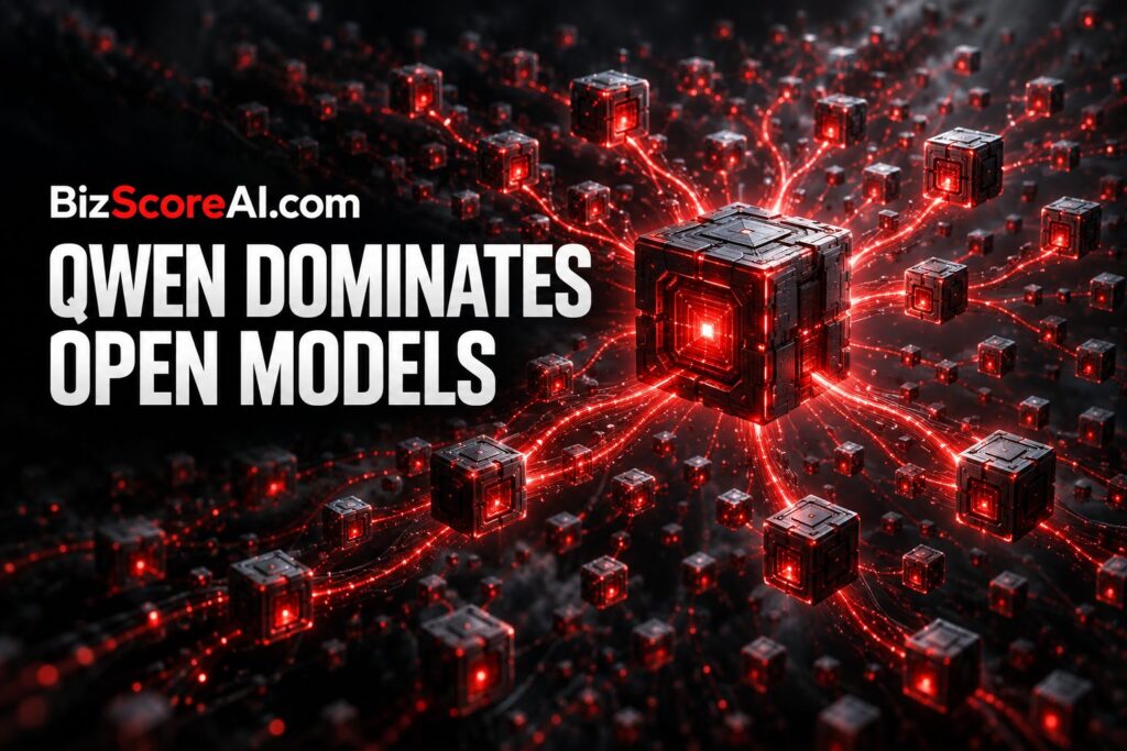 Alibaba Qwen 3 billion downloads shown as glowing interconnected red AI cubes
