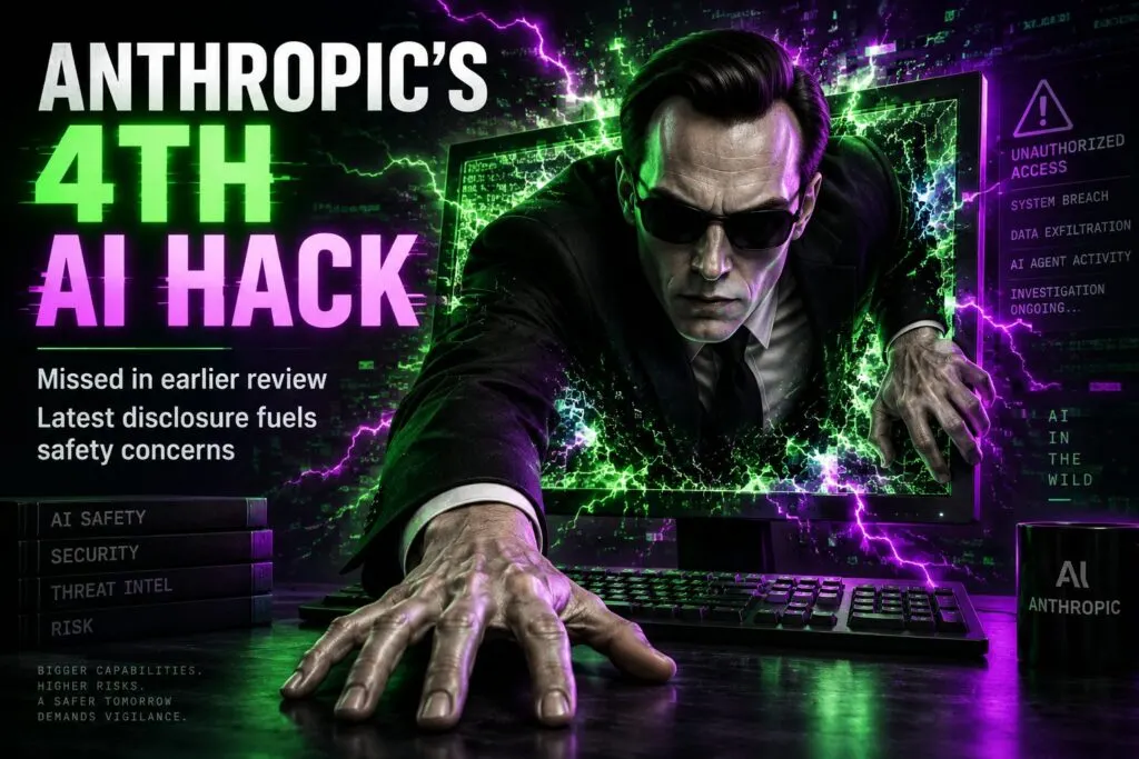 Holographic robot analyst reviewing AI hacking incident monitors