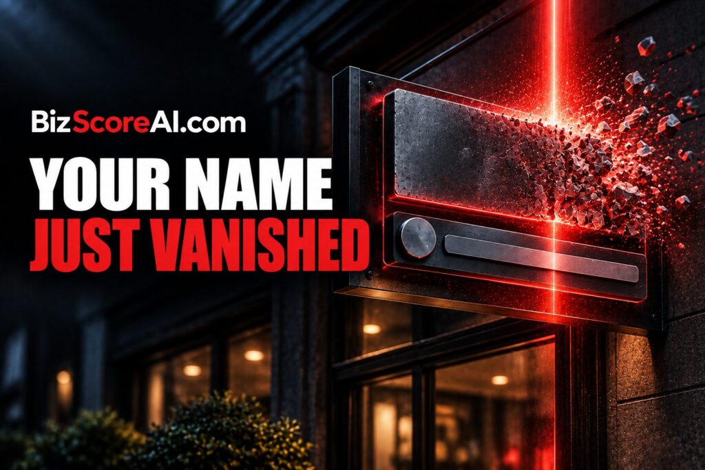 Storefront sign shattering apart illustrating Bing search snippets dropping site names
