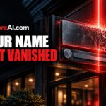 Storefront sign shattering apart illustrating Bing search snippets dropping site names