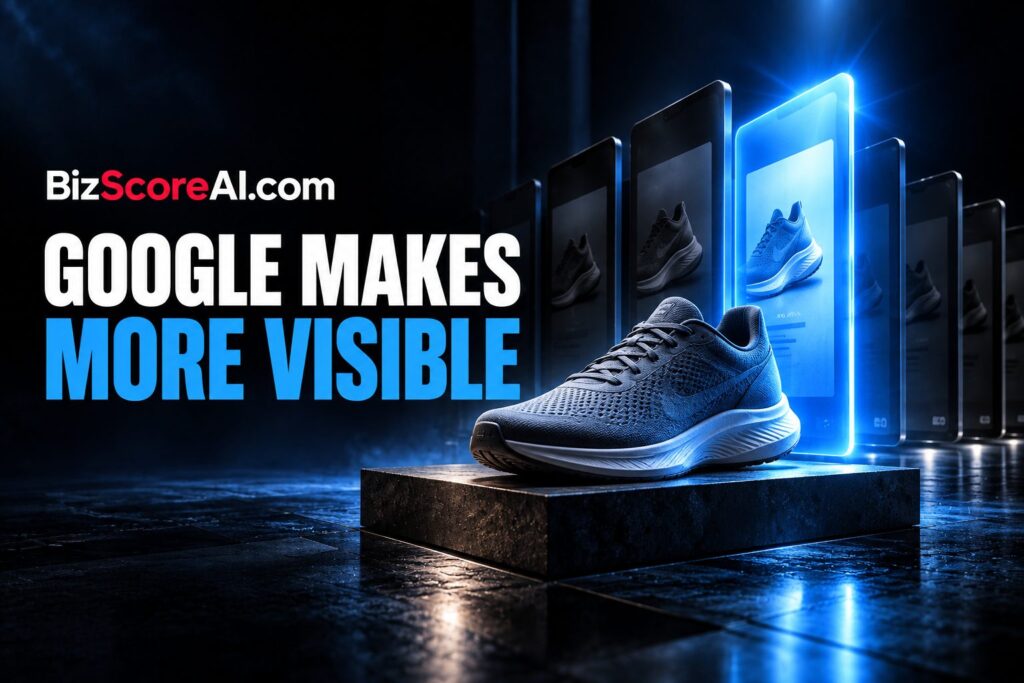 Running shoe product result highlighted with a blue More link on phones
