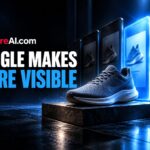 Running shoe product result highlighted with a blue More link on phones