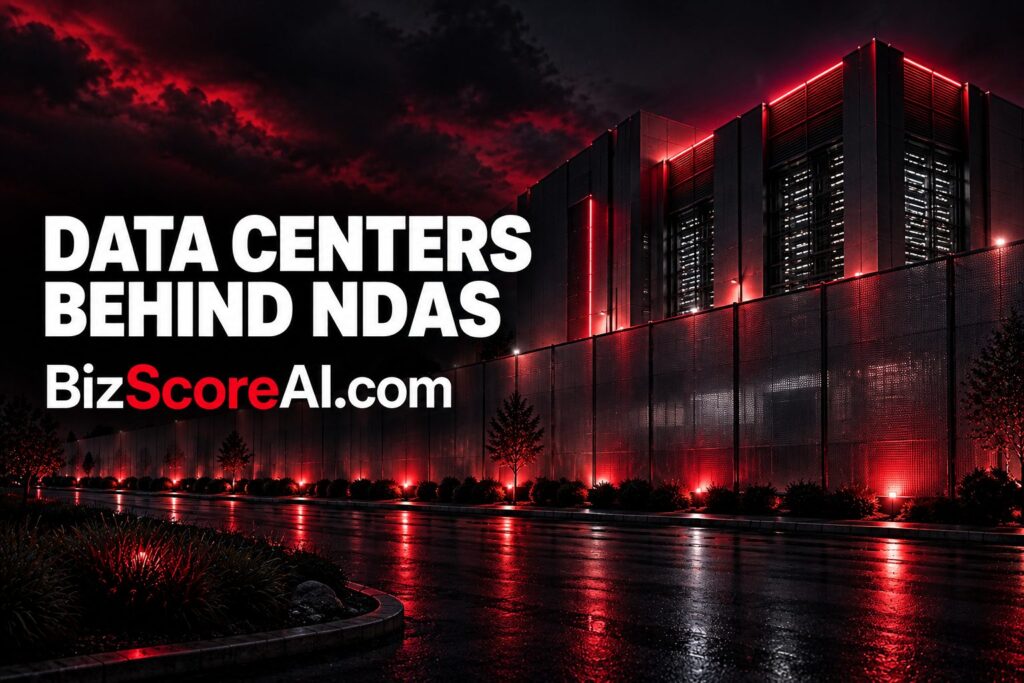 Large fenced data center facility lit red at night behind a data center NDA