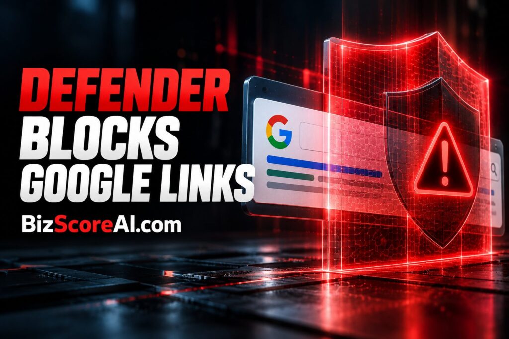Defender security shield blocking Google search links on a tablet