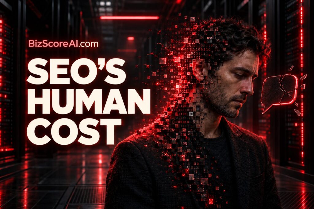 Dehumanization of SEO as a man dissolves into red code