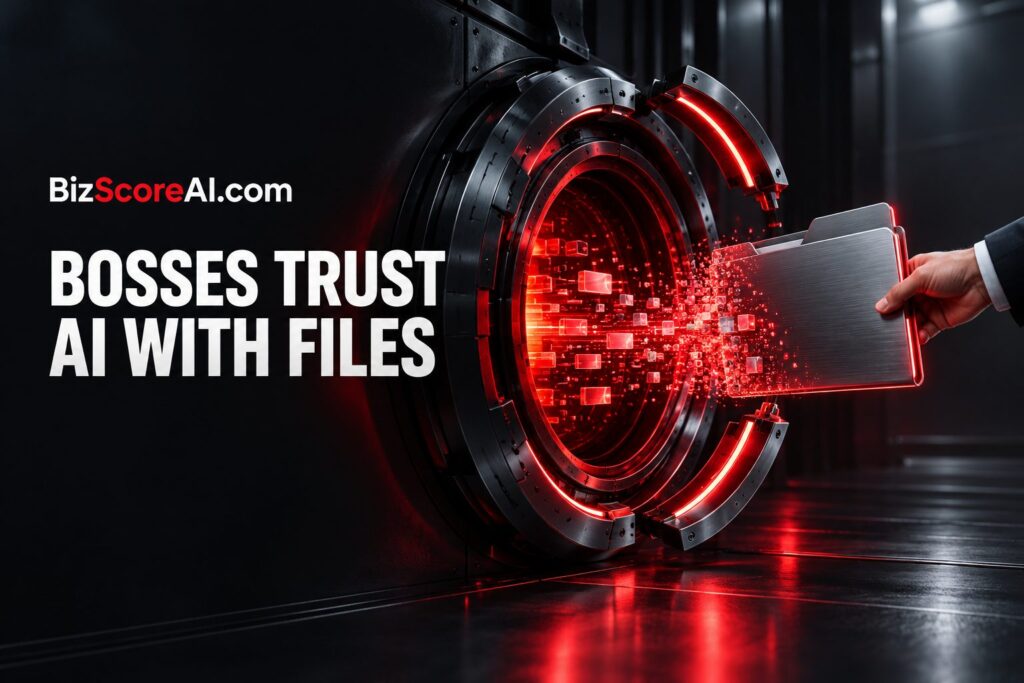 Executives share work documents into a glowing red AI vault