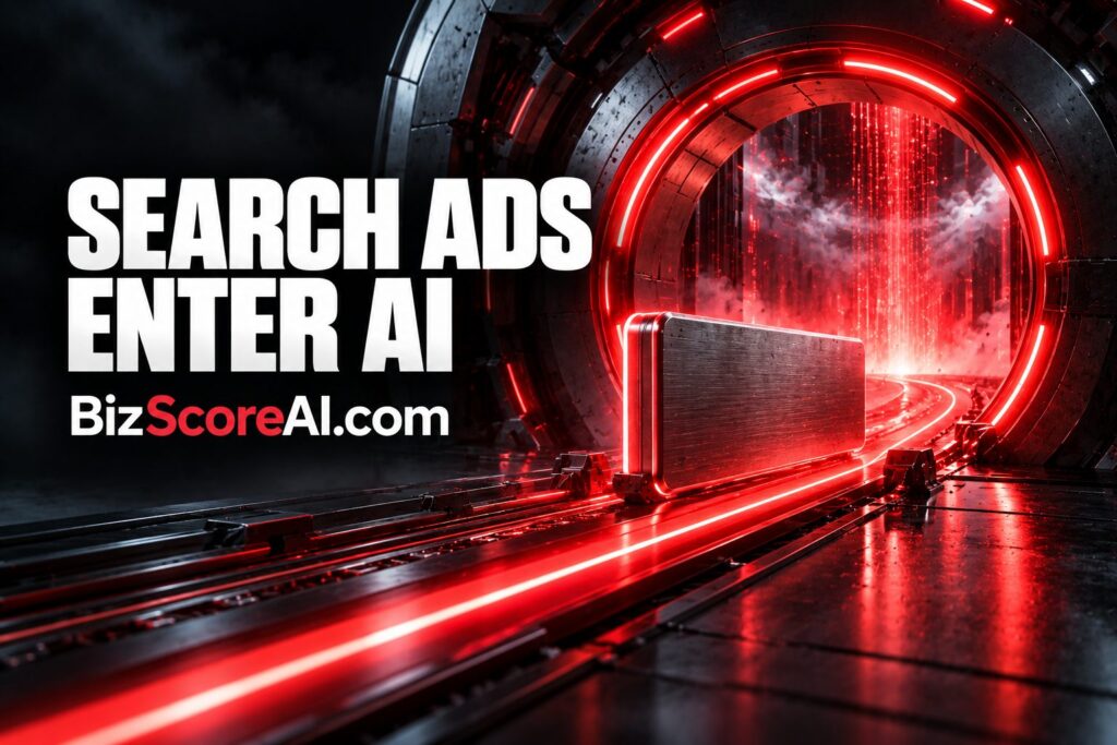 Google AI Mode ads sliding through a glowing red futuristic portal