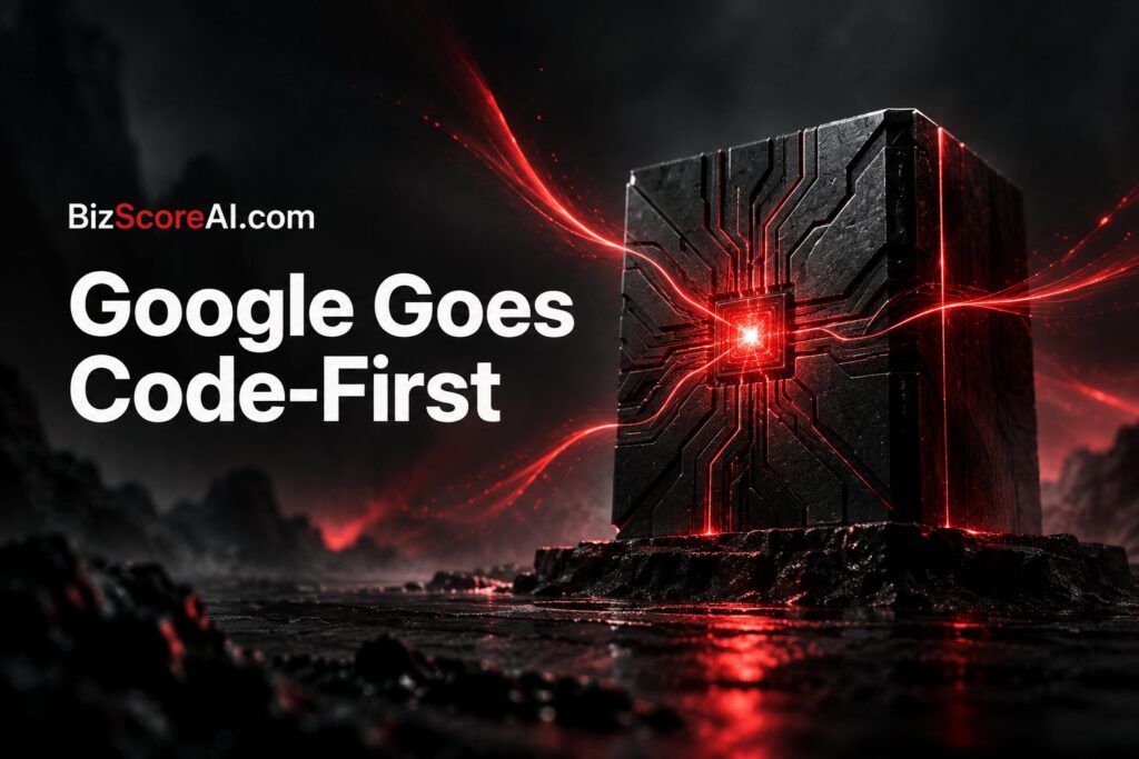 Glowing dark cube representing a Google coding AI model on rocky terrain
