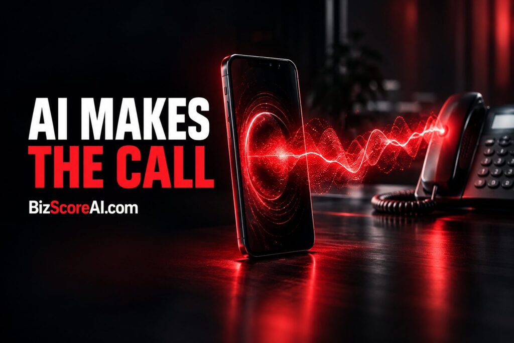Pixel smartphone emitting red soundwaves toward a desk telephone for Google Gemini calling businesses