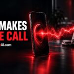 Pixel smartphone emitting red soundwaves toward a desk telephone for Google Gemini calling businesses