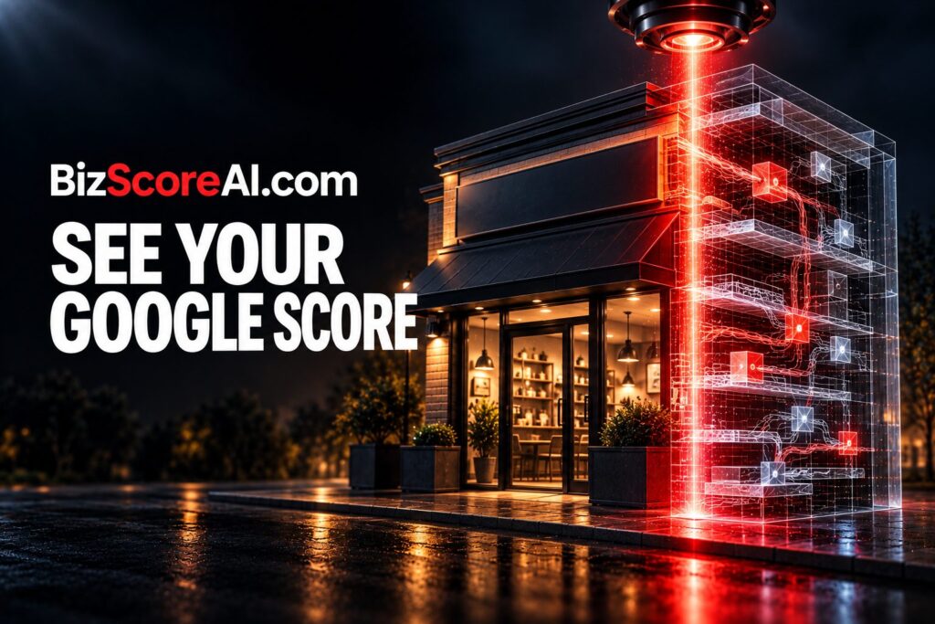 A storefront scanned by a glowing Google Search Console analysis beam