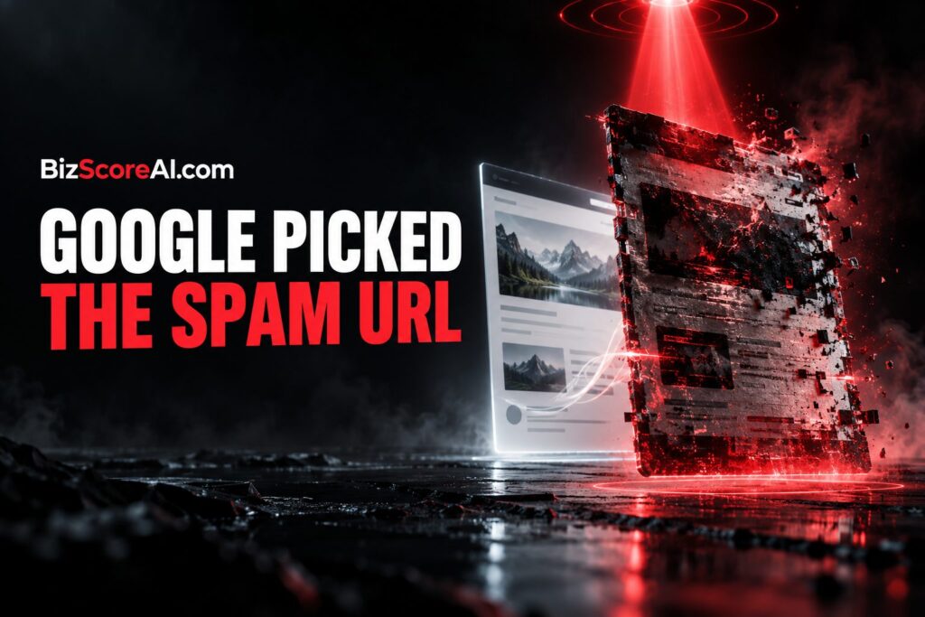 Red warning beam highlighting a spammy Google selected canonical URL link