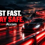 Sports car speeding on a mountain road with guardrail metrics represented by red safety