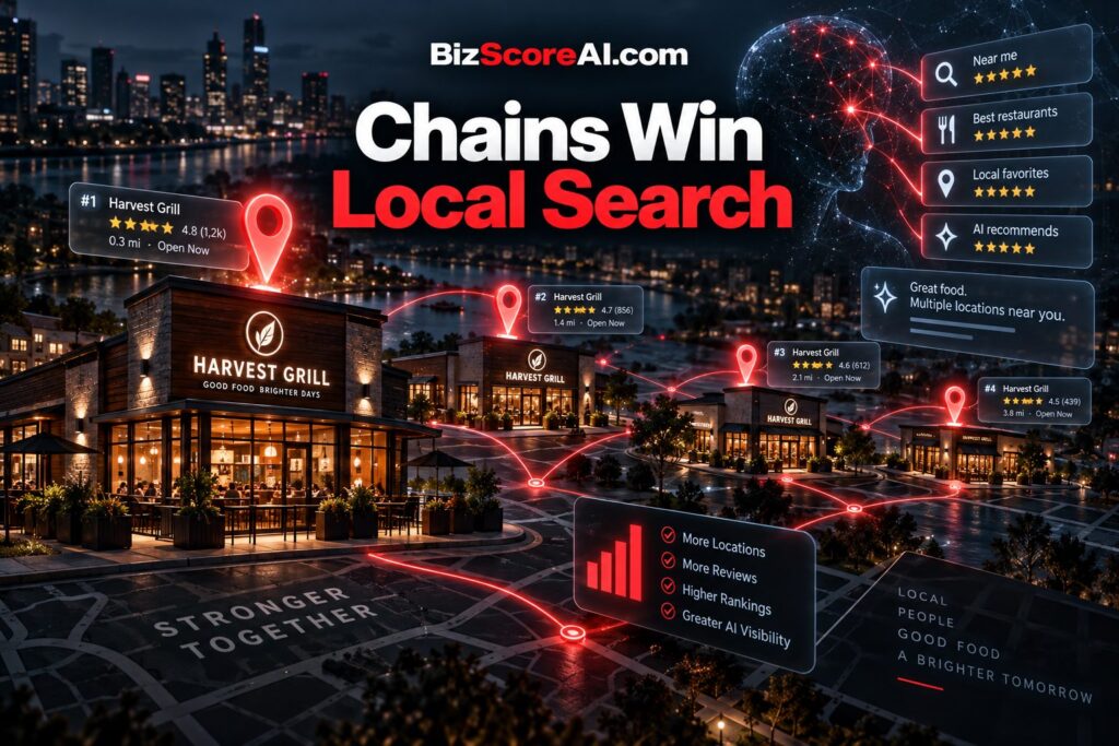 Restaurant chain locations connected across a city skyline for local search AI visibility