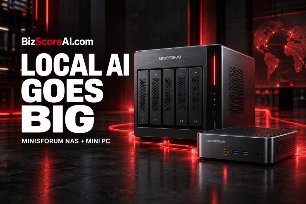 Minisforum AI Agent NAS displayed beside a compact mini workstation